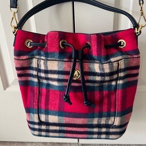 Draper James Crossbody Handheld Bag Red Blue Plaid Navy Leather Trim NWOT